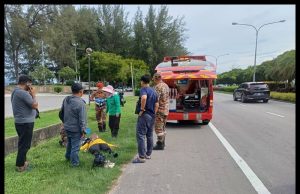 Perempuan Cedera Parah, Motosikal Terbabas Sendiri Di Taman Awam Teluk Likas Pagi Tadi